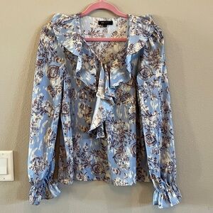 Frye Pale Blue Floral Ruffle Tie Blouse